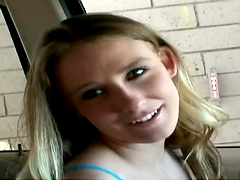 Smiling blonde plays with her tits and sucks a meaty stick