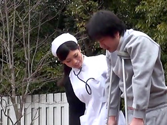 Outdoors video of a patient fucking a sexy Japanese nurse