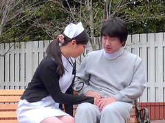 Outdoors video of a patient fucking a sexy Japanese nurse