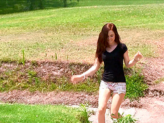 Beautiful brunette gets her ass fucked in public place