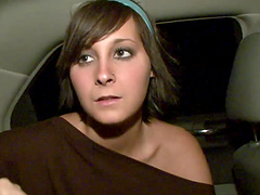 Naughty stranger flashes her boobs and shaved puss in the car