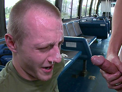 Hardcore gay fucking in the bus ends with a messy facial for a gay guy