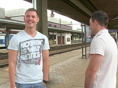 Gay men having sex with each other.