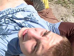 Horny gay dudes have outdoors quickie by the road and moan together