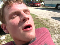 Horny gay dudes have outdoors quickie by the road and moan together