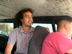Gay man spreads his legs to ride a large black cock in the van