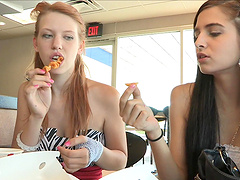 Two cute chicks talking about their horny boyfriends while eating