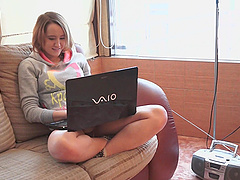 Beautiful teen in stockings and thong has her orgasm in cowgirl position on top of her lover.