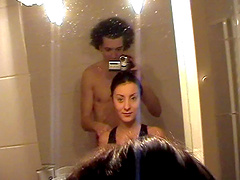 Small boobed amateur gives a good blowjob in a bathroom pov video