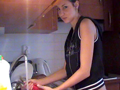 Amateur kitchen action with natural tits and a sloppy blowjob