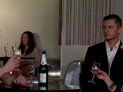 A double penetration scene with a cowgirl and doggystyle position.