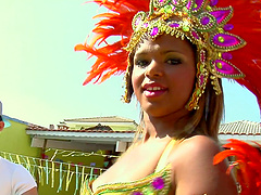 Beautiful tanned skin brunette gets a rough doggystyle fucking