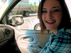 Natural tits bouncing while Tegan Mohr gives a blowjob in a car