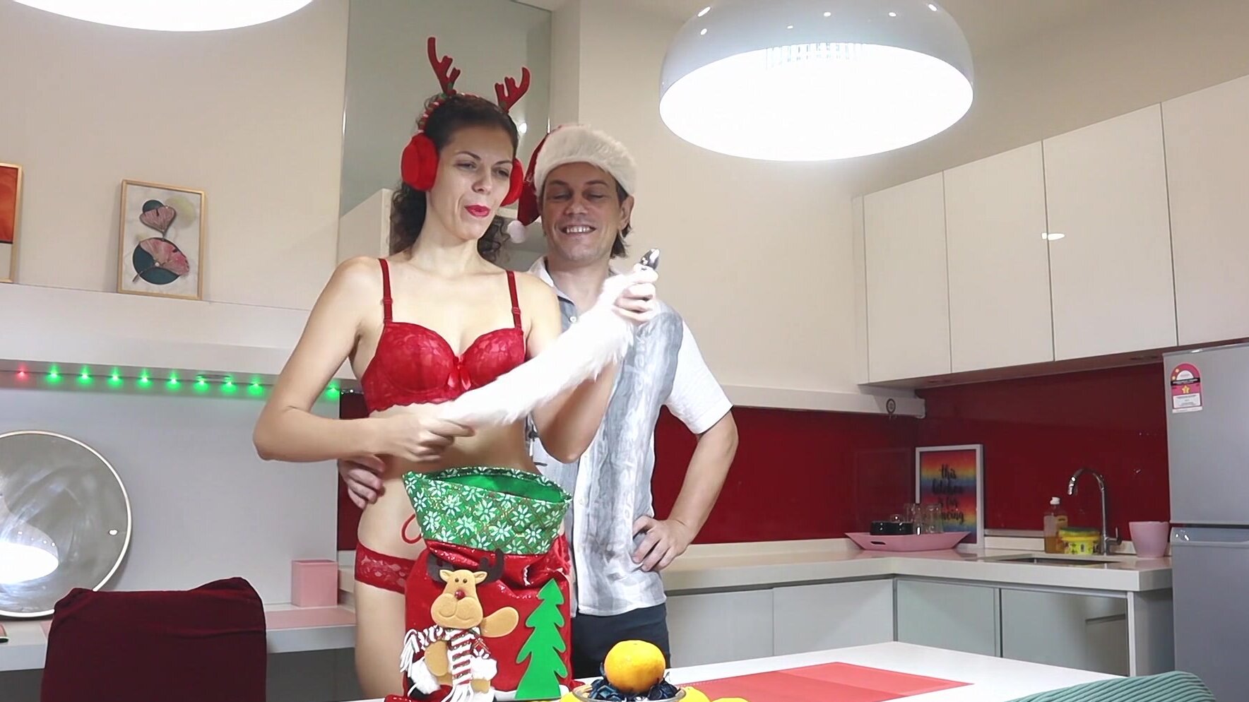 Hot homemade action with shaved pussy in the kitchen