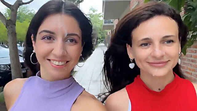 Two Cum-covered Beauties Love to Walk in Public - Cumwalk