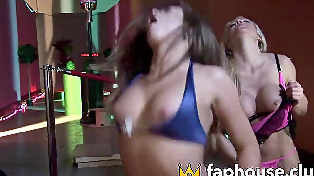 FAPHOUSE - Horny babe with thick breasts and fishnet pantyhose prepped for three-way with first-time sex