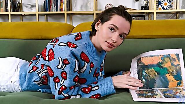 Beautiful slender brunette Ana Moloko stimulates her shaved pussy