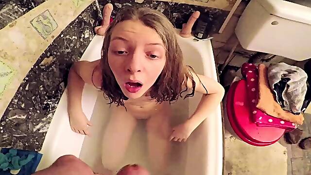 Skinny blonde teen girl Stephanie playing with big cock