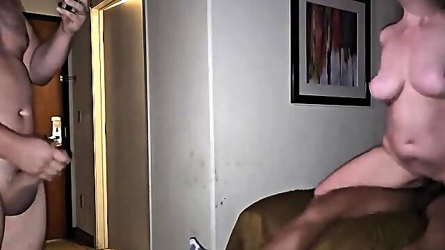 Homemade interracial cuckolding session for big tittied slut