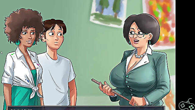 Sexy black art teacher in anime-style adult visual novel