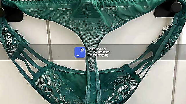 Ditrty thong by his wife get licked and squirted full cum on panty