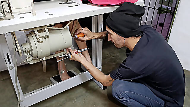 While I Pump the Pedal of My Cooking Machine in Panties This Man Looks at Me and Repairs the Machine