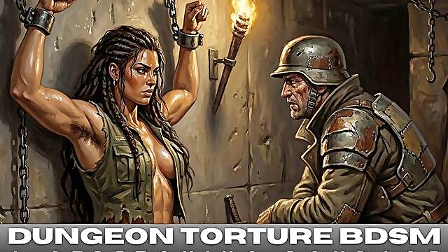 Muscular hairy armpit female soldier is captured and subjected to BDSM bondage interrogation in a dungeon