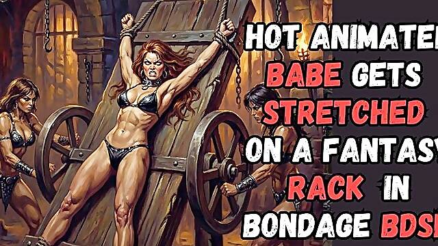 Sexy muscled ginger babe is tied to a rack in the dungeon and stretched by two kinky fetishists in BDSM bondage