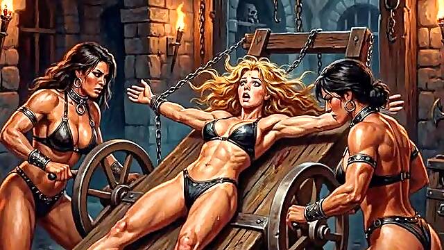 Sexy muscled blonde babe is tied to a rack in the dungeon and stretched by two kinky fetishists in BDSM bondage