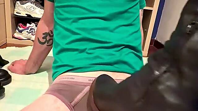 Bootjob with two pair of boots: high heels and over-the-knee. Cum inside at the end