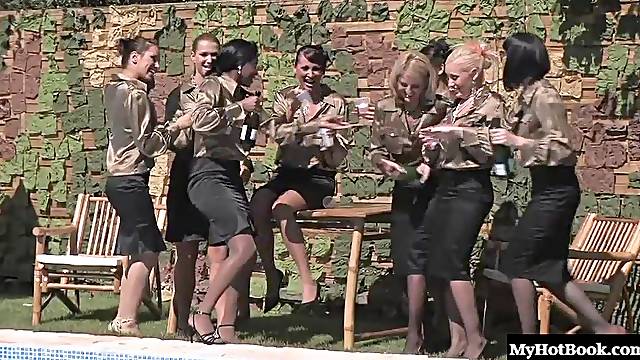 Horny milfs spicing things up by sucking off long dongs at a party