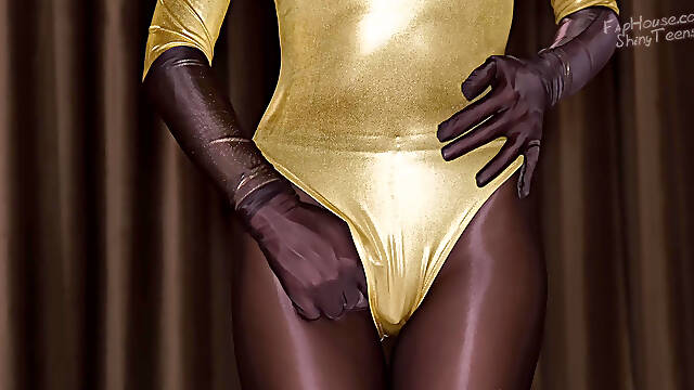 870 Shiny Brown Spandex Pantyhose and Gold Leotard