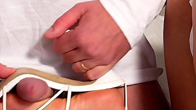 White Heeljob & Shoejob From Blonde with White Toes - Cum on Feet