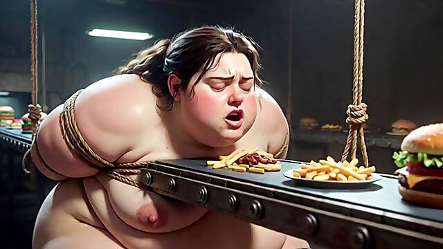 Tied up SSBBW Eats Massive Meal While Kneeling - Belly Stuffing